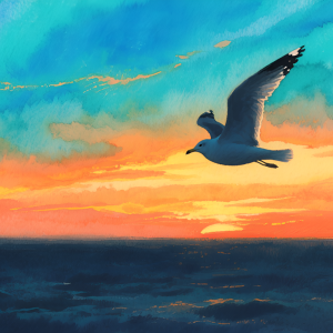 seagull flying at sunset