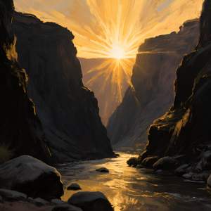 Light pours through a rock formation on the beach.